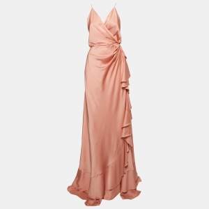  Maison d'Angelann Pink Satin Ruffled Wrap Long Dress M
