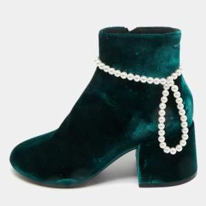 Pre Owned Maison Martin Margiela Green Velvet Faux Pearl Ankle Length Boots Size 36.5