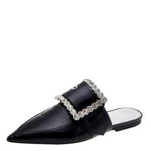 Pre Owned Maison Margiela Black Patent Leather Crystal Embellished Buckle Flat Mules Size 38