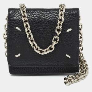 Maison Martin Margiela Black Leather Stitch Compact Wallet On Chain