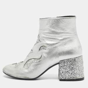 Pre Owned Maison Martin Margiela Silver Glitter and Leather Ankle Length Boots Size 39