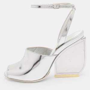 Pre Owned Maison Martin Margiela Silver Patent Leather Mirror Heel Ankle Strap Sandals Size 38