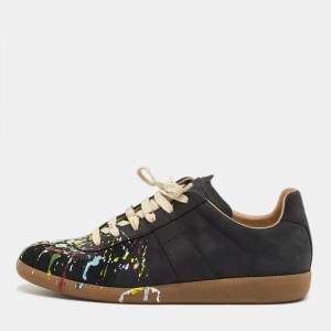 Pre Owned Maison Martin Margiela Black Nubuck Leather and Suede Replica Low Top Sneakers Size 41.5