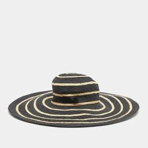 Maison Michel Paris Black Striped Straw Ursula Hat L