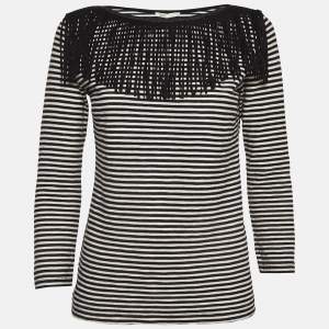 Maje Black/White Stripe Cotton Fringed Detail T-Shirt M