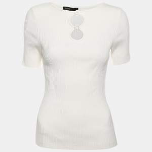 Maje White Cut Out Rib Knit Embellished Top M