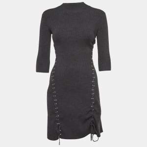 Maje Grey Rib Knit Laced Eyelet Detail Mini Dress S