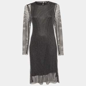 Maje Black Rhinestone Embellished Mesh Mini Dress XL
