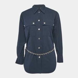 Maje Navy Blue Brass Belted Cotton Oversized Shirt XS