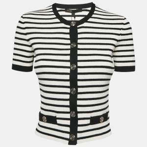 Maje Black/White Stripe Rib Knit Button Front Cardigan S