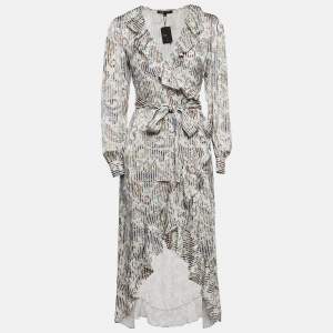 Maje Grey/Multicolor Paisley Print Crepe Midi Wrap Argent Dress L