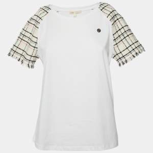 Maje White Cotton Tweed Sleeved Crew Neck T-Shirt M 