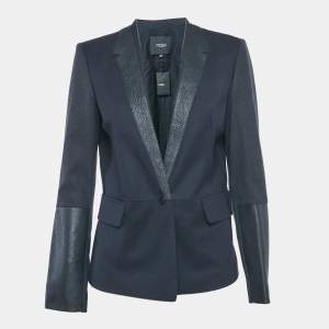 Maje Navy Blue Leather Trim and Wool Single Breasted Blazer M