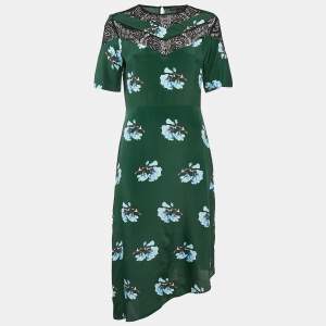 Maje Green Floral Print Lace Trim Crepe Asymmetric Midi Dress M 