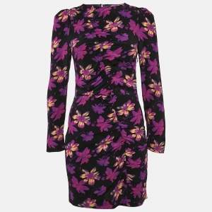 Maje Black Floral Ruched Long Sleeve Mini Dress S