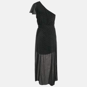 Maje Black Studded Chiffon One-Shoulder Midi Dress L
