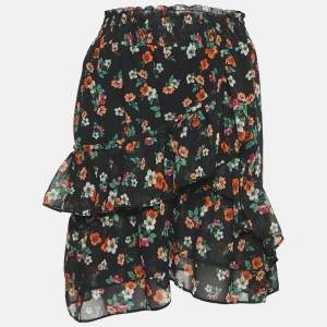 Maje Black Floral Print Ruffled Jupe Imprime Mini Skirt L