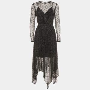 Maje Black Glitter Mesh Ruche Detail Asymmetric Midi Dress S