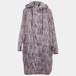 Maje Pink Leopard Print Synthetic Zip-Up Hooded Long Coat S