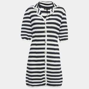 Pre Owned  Maje White/Navy Blue Striped Crochet Rosette Mini Dress M