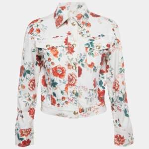 Pre Owned Maje White Rose Print Denim Jacket S