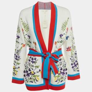 Pre Owned Maje White Floral Embroidered Stretch Knit Cardigan S