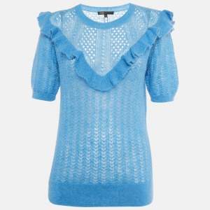 Pre Owned Maje Blue Mohair Wool Open Knit Ruffled Top L