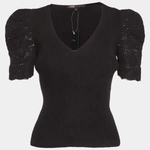 مملوكة مسبقًا Maje Black Crochet Sleeve Rib Knit Top M