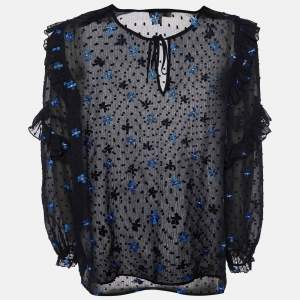 Maje Black Dotted Embroidered Crepe Ruffled Top L