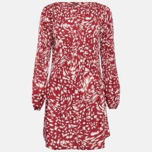 Maje Red Printed Pleated Full Sleeves Mini Dress S