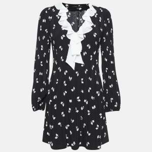 Maje Black Bow Print Plisse Ruffled Rockale Mini Dress M
