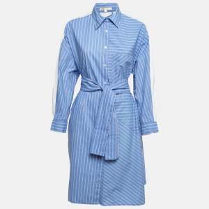 Maje Blue Pinstripe Cotton Belted Shirt Dress M