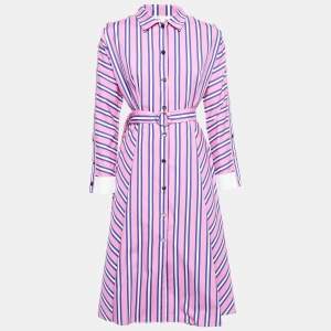 Maje Pink Stripe Cotton Button Front Belted Midi Dress S