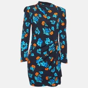 Maje Black Floral Print Crepe Ruched Mini Dress L