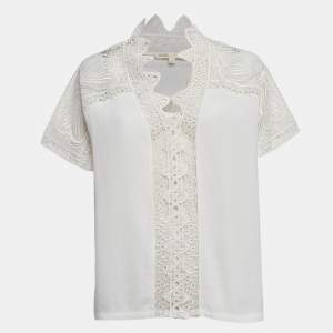 Maje White Crepe Lace Trim Top XL