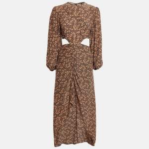 Maje Brown Paisley Print Silk Blend Cut-Out Ruched Maxi Dress S