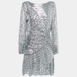 Maje Silver Sequin Crepe Ruched Full Sleeves Mini Dress XL