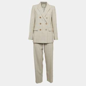 Maje Beige Glen Check Crepe Double Breasted Pants Suit L