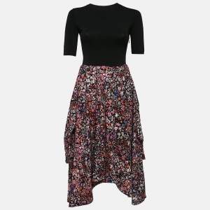 Maje Multicolor Floral Print Crepe and Cotton Knit Midi Dress S