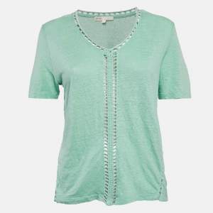 Maje Green Linen Knit Crochet Detail Top L