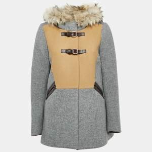 Maje Grey Wool Buckle Detail Fur Hooded Coat M