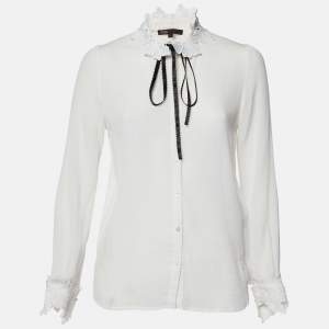 Maje White Crepe Floral Lace Trim Cassi Blouse S