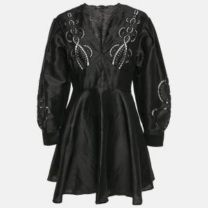 Maje Black Studded Linen Cut-Out Detail Mini Riclint Dress M