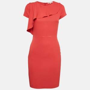 Maje Red Crepe Ruffled Neck Mini Dress S