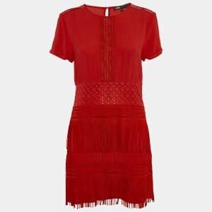 Maje Red Crepe Lace Trim Detail Fringed Mini Dress M