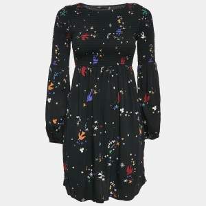 Maje Black Bird and Star Print Crepe Smocked Reskita Mini Dress XS