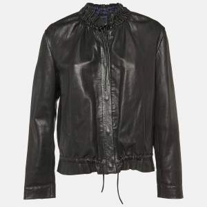 Maje Black Leather Ruched Biker Jacket L