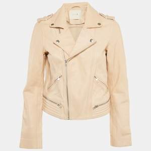 Maje Pink Nude Leather Zip-Up Biker Jacket M