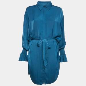 Maje Blue Silk Shirring Detail Belted Shirt Dress XL