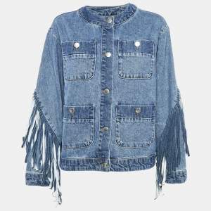 Maje Blue Fringed Denim Button Front Single Breasted Jacket L